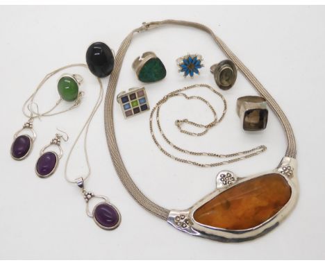 A silver statement amber necklace, together with gem set and enamel silver and gem set rings and other items Condition Report