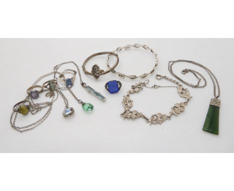 A silver John Hart thistle bracelet, a New Zealand jade pendant and other items of silver and white metal Condition Report:No