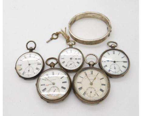 Two silver pocket watches retailed by J.G. Graves of Sheffield, together with a silver bangle, two smaller silver pocket watc