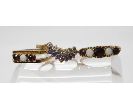 A 9ct opal and garnet five stone ring, size Q1/2, a 9ct three stone, size M1/2, and a 9ct gold cz ring size S1/2, weight 6.1g