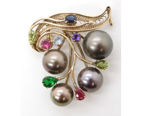 A 14k gold black pearl, sapphire and ruby mixed gem set pendant, length 4.2cm, weight 17.8gms Condition Report:Available upon