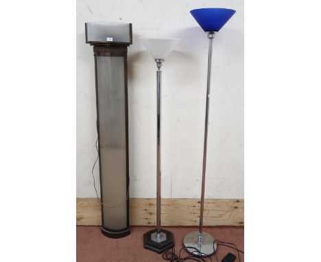 A 20th century art deco style chrome based standard lamp with milky glass shade, another chrome based standard lamp with blue
