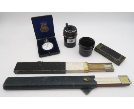 A Curta mechanical calculator, type 1, no. 8359 together with a&nbsp; measured mile stopwatch by&nbsp;James Poole &amp; Co wi