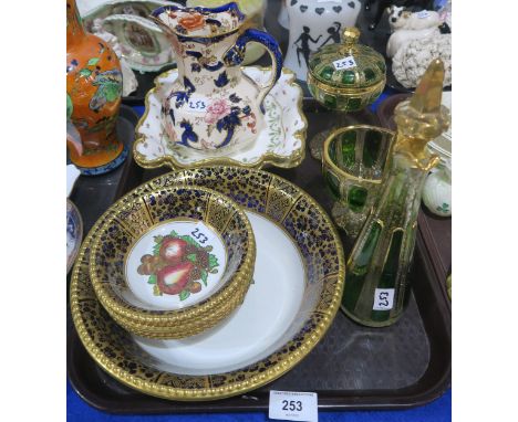 A Solian ware fruit service, Bohemian ware glass suite comprising decanter/jug, lidded pot and a dish on stand, two Crescent 