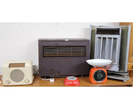 A mixed lot to include 20th century Thermovent room heater, another 20th century room heater, Bush radio, Krups kitchen scale