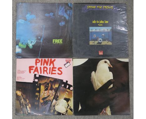 A box of prog rock, pop and rock vinyl LP records with The Pink Fairies, Led Zeppelin, The Who, Pink Floyd, Nazareth, Kiss, B