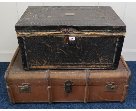 A 19th century leather and metal bound travel trunk with engraved plaque "Miss A, Clapperton Glasgow" and another wood bound 