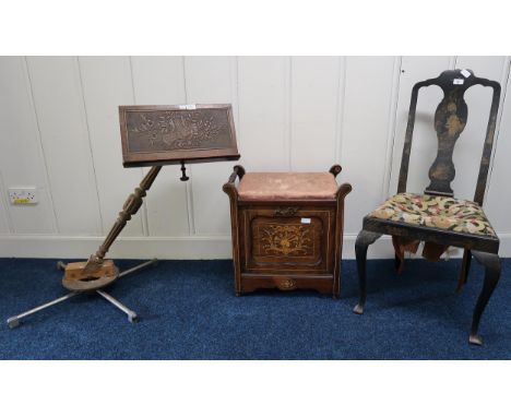 A 19th century ebonised Chinoiserie style chair, Victorian rosewood piano stool and a oak music stand (3) Condition Report:Av