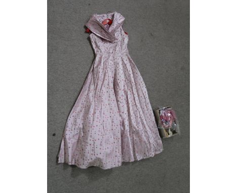 A 1950's pink and purple polka dot dress with metallic silver material shoes, pink gloves and a flower head ring Condition Re