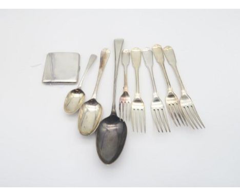 A collection of silver cutlery including four George III fiddle pattern forks by William Eaton, London 1809, a George III Old