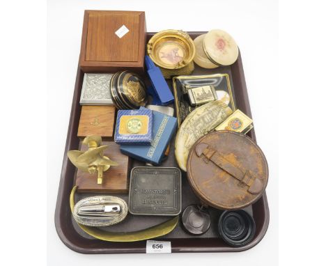 A tray lot to include a Whylie Hill &amp; Co Glasgow vesta box, Auxiliary Fire Service matchbox holder, 1969 moon landing ash