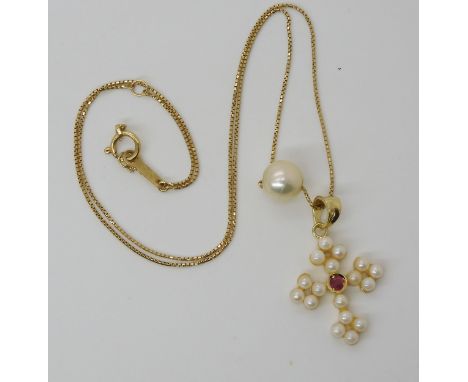 An 18ct gold ruby and pearl cross pendant, with a single drilled pearl pendant mounted on an 18ct gold chain, weight 4.4gms C