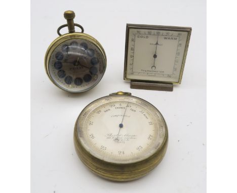 A Roskopf mariners brass and glass ball watch, a compensated barometer by Short &amp; Mason London and a thermometer (3) Cond