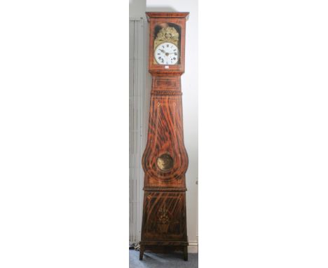 A large 19th century French comtoise clock; faux walnut and strung case, white-enamel dial with Roman numerals and above a pe