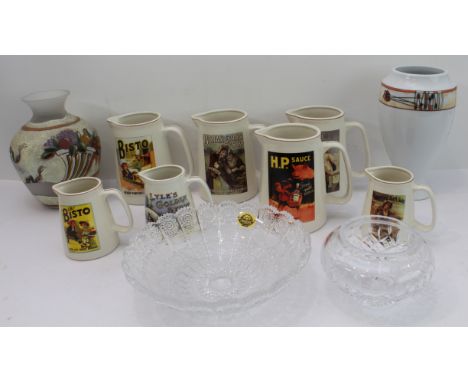 Seven Trent Memorabilia ceramic advertising jugs, a Glencairn vase (24.5 cm high) and three pieces of glassware. (The jugs: 4