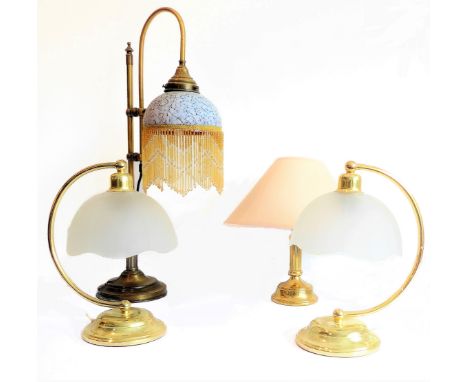 A selection of small electrical table lamps to include:a pair of Art Deco style brass lamps with frosted shades;one further b