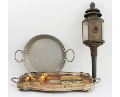 A selection of metalware to include various coins within a tin (some silver), a circular coaching or railway lamp and an earl