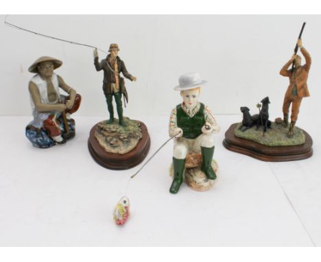 A group of four: 1. two hand-decorated composition models, shooting scene with two gundogs and fly fishing 2. a ceramic model