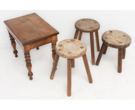 Three circular-topped milking stools with chamfered legs,&nbsp;together with a 19th century mahogany bidet with ceramic inser