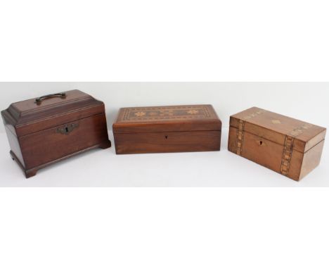 A group of three:1. a mid-18th century mahogany tea caddy with swan-neck handle, shaped brass escutcheon and bracket feet (no