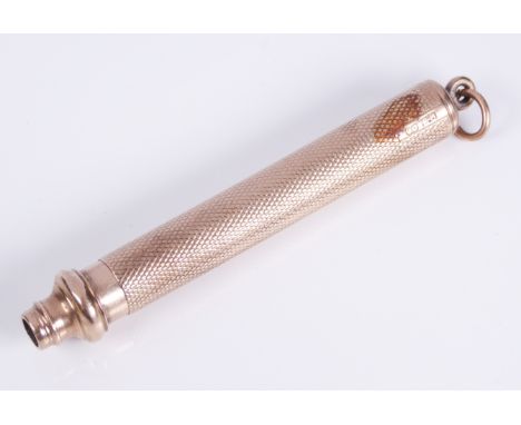 A late Victorian 9ct rose gold propelling pencil: engine turned (8cm long closed), mechanism stuck.