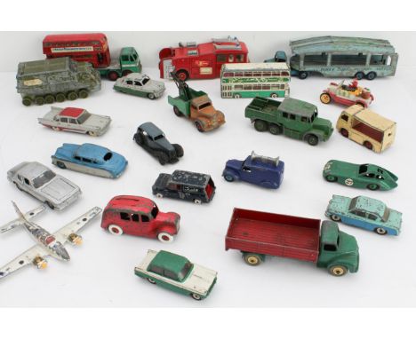 An assortment of unboxed Dinky die-cast models to include a transporter, army vehicles, Santa in a car, various aircraft and 