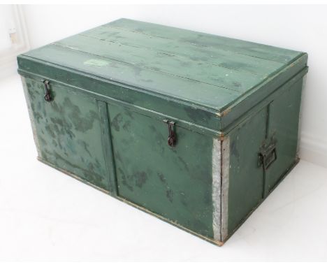 An early 20th century grain-painted camphor-wood trunk with reinforced corners and two side carrying handles (82 wide x 53 de