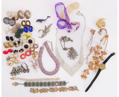 Costume jewellery and an early 20th century 9-carat rose gold wristwatch. The jewellery to include large 1960s and 1970s earr