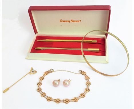 Three pieces of 9-carat yellow-gold jewellery and two other pieces:a 9 ct bangle; a pair of 9 ct mounted cultured pearl earri