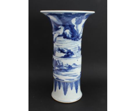 A large 20th century Kangxi-style Chinese porcelain yen yen type vase: hand-decorated in underglaze blue with figures within 