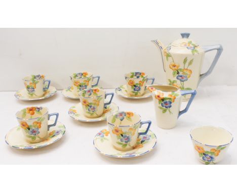 An Art Deco period ceramic coffee service in the Crown Ducal 'Rosemary' pattern:coffee pot and cover;six coffee cans and sauc