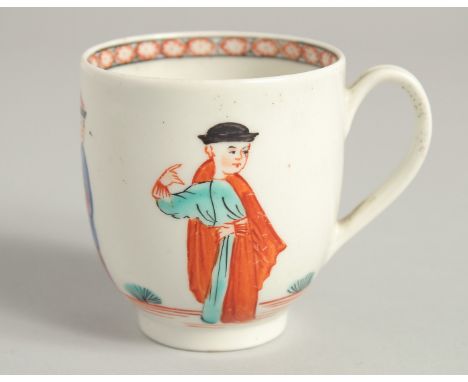 AN 18TH CENTURY WORCESTER COFFEE CUP painted with three Oriental figures and an inner cell border, in a polychrome palette.