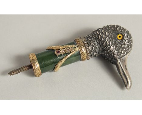 A FABERGE SILVER JADE AND DIAMOND DUCK HANDLE 3ins long.