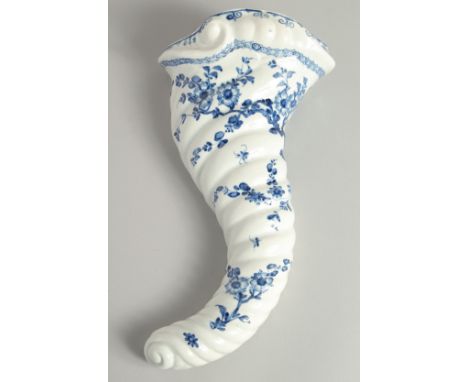AN 18TH CENTURY WORCESTER, SCARCE WALL POCKET, painted with the Cornucopia Prunus pattern, crossed swords in blue to unglazed