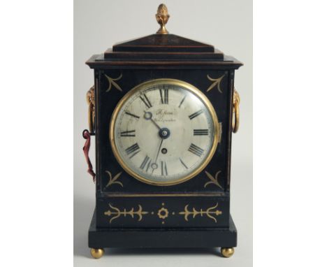 A GOOD SMALL REGENCY EBONISED BRACKET CLOCK by ROSSITER, BRIDGEWATER, with silver dial, brass inlay, and brass handles with p