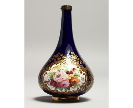 CHAMBERLAIN &amp; CO. WORCESTER, a small porcelain bottle vase, rich blue ground painted with a panel of flowers in gilded fr