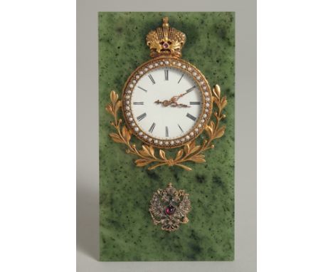 A FABERGE SILVER, JADE, AND DIAMOND CLOCK with bead work in a Faberge case. 4.25ins x 2.5ins. Mark S W Head, 88 and Faberge m