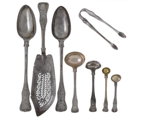 Two William IV King's pattern silver stuffing spoons, London, 1835, Mary Chawner, together with a small quantity of matching 