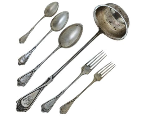 A part set of German Art-Nouveau style flatware, Vereinigte Silberwarenfabriken, Dusseldorf, stamped 800, comprising: a ladle