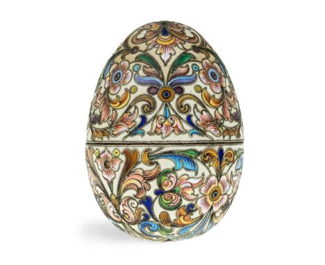 A Russian cloisonne enamel egg, mark of Feodor Rückert, Moscow, 1899-1908, 88 standard, assay master Ivan Lebedkin, the egg e