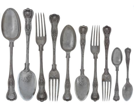 A group of Edwardian silver King's pattern flatware for 12, by Josiah Williams & Co., comprising: 12 table forks and 12 desse