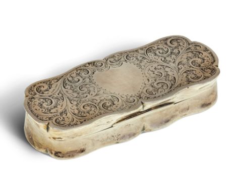 A Victorian silver snuff box, Birmingham, 1896, John Gilbert, of shaped oval form, the base and lid decorated with foliate sc