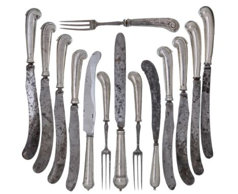 A mixed group of 18th century silver handled flatware comprising: three various knives with cannon ball handles; three three-