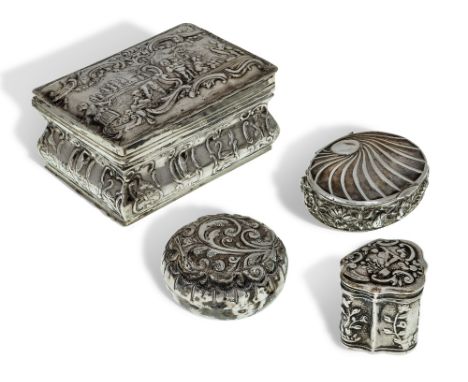 A group of small Continental and English silver boxes comprising: a repousse rectangular trinket box, possibly German, 18th c