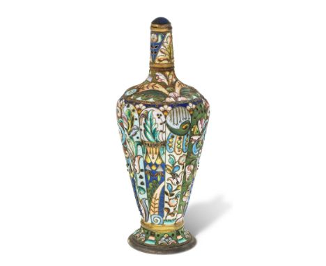 A Russian cloisonne enamel perfume bottle, Moscow, 1908-1926, 20th Artel, 84 standard, the lobed tapering body decorated with