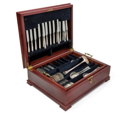 A part-canteen of silver flatware, retailed by Harrods, Sheffield, 1990, in fitted mahogany box (not signed), comprising: 8 d