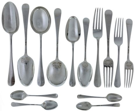 A part-set of silver Hanoverian shell back flatware, London, 1930, Josiah Williams & Co., comprising: 12 dessert forks; 12 ta