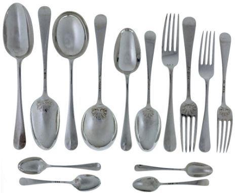 A part-set of silver Hanoverian shell back flatware, London, 1930, Josiah Williams & Co., comprising: 12 dessert forks; 12 ta