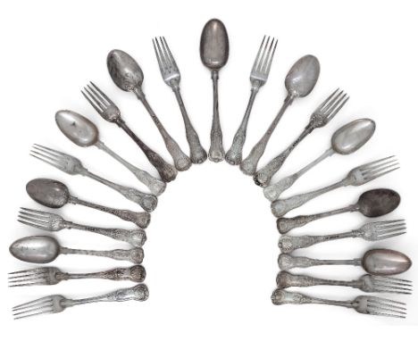 A group of silver King's pattern flatware by Mary Chawner, London, c.1837 (various dates) comprising: 3 table spoons; 6 desse