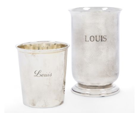 A Puiforcat silver beaker, 925 standard, 1983-1992, in original box and engraved with the name 'Louis' to side, 7.2cm high, t